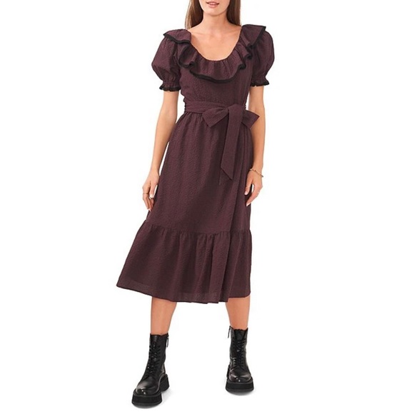 Ruffle Scoop Neck Short Puff Sleeve Chelsea and Violet Check Print Midi Dress - Picture 6 of 9
